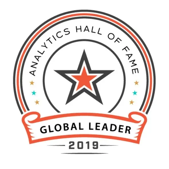 Analytics Hall of Fame badge featuring a five-pointed star, indicating "Global Leader" status for 2019, symbolizing excellence in analytics.