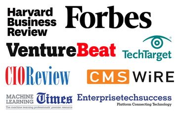 Logos of prominent media outlets and publications, including Harvard Business Review, Forbes, and VentureBeat, highlighting industry credibility and relevance.