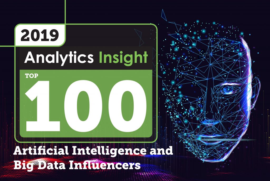 2019 Analytics Insight announces the Top 100 influencers in Artificial Intelligence and Big Data, featuring a digital face design.